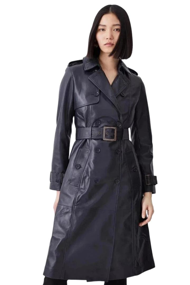 

Настоящий Стильный Повседневный Крой Женский Кожаный Тренч Темно-синий Ручной работы из Овчины 3XL чёрный