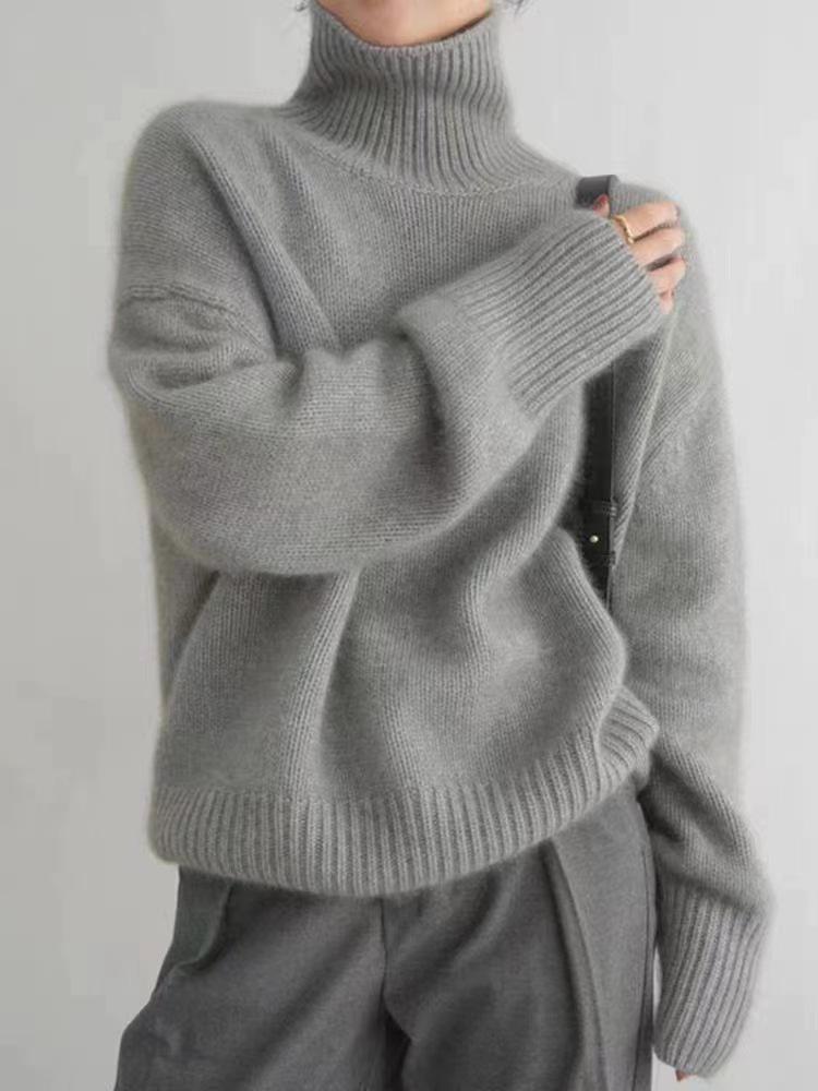 

European Style High Neck Loose Wool Sweater – Women s Versatile Solid Color Knitted Sweater Medium сірий колір