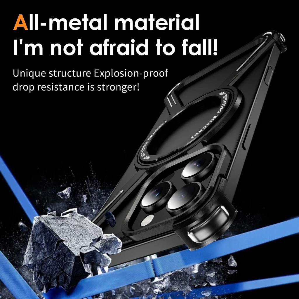 Titanium Metal Alloy Magnetic Phone Case For iPhone 13 14 15 Plus 16 Pro Max 360° Rotation Holder Frameless Protective Cover