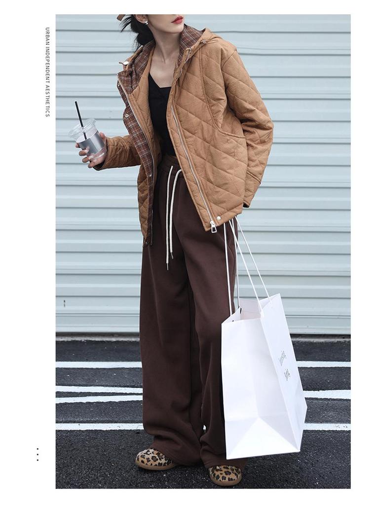 Women's 2024 Diamond Quilted Cotton Hooded Jacket - Autumn/Winter Short Fashion Plaid Patchwork Lightweight Coat