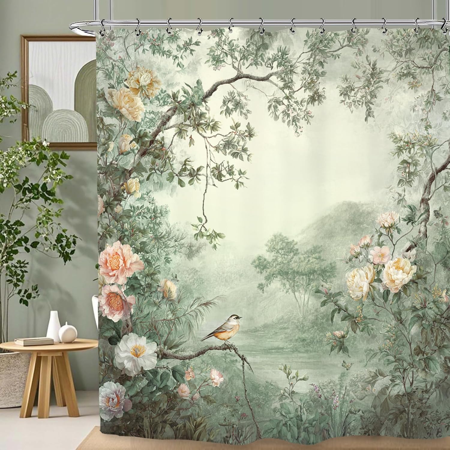 

Green Floral And Bird Pattern Waterproof Shower Curtain 180X200Cm - Nature Landscape Print Bath Curtain For Living Room Decor W60H190(CM)-1 Pcs