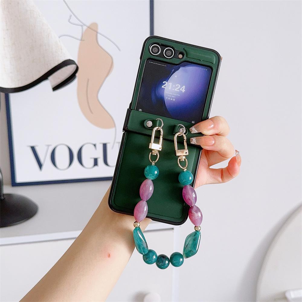 

Чехол для телефона с защитой шарнира и ремешком на запястье с бусинами для Samsung Galaxy Z Flip 6 5 4 3 5G Жесткий пластиковый чехол из искусственной кожи Galaxy Z Flip 3