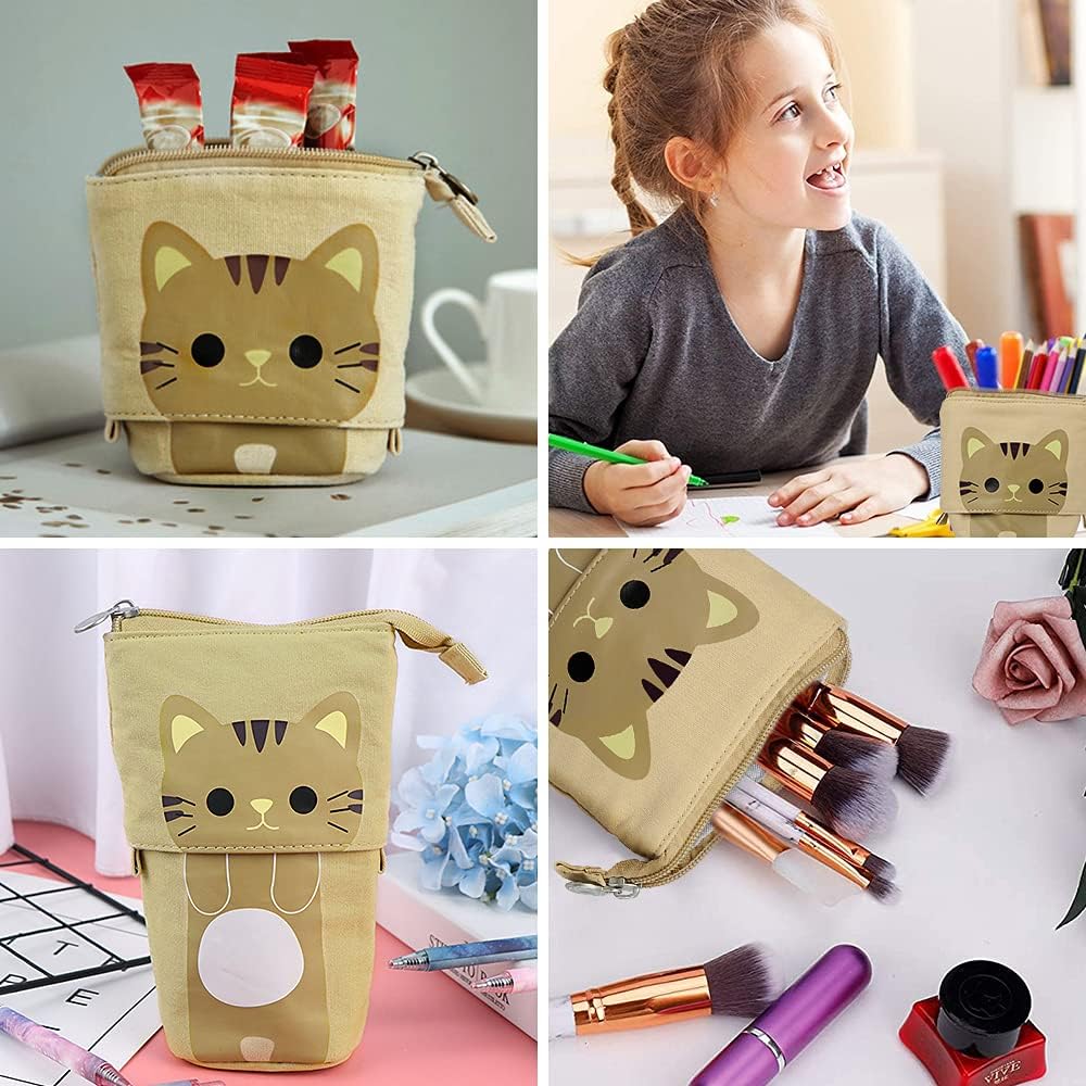 Hillylolly Pencil Case Cat, Children's Pencil Case Cat, Cat Stationery, for Girls Boys Teen Gift, 12.5 ~ 19 Cm, Khaki, Pencil Case Cat