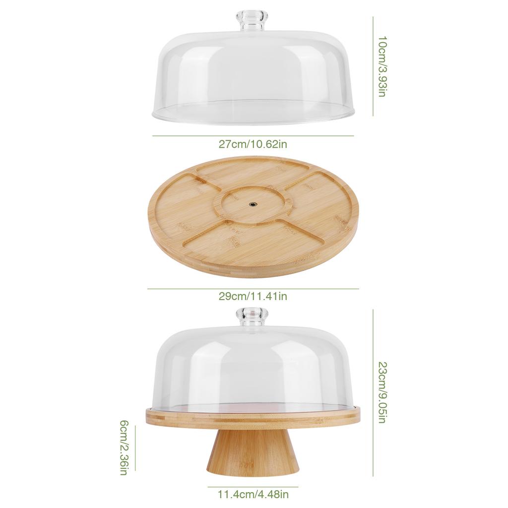 Wood Cake Plate with Clear Dome Lid Non-slip Pastry Stand Wooden Pedestal Stand for Cheese Chips Fruit Platter