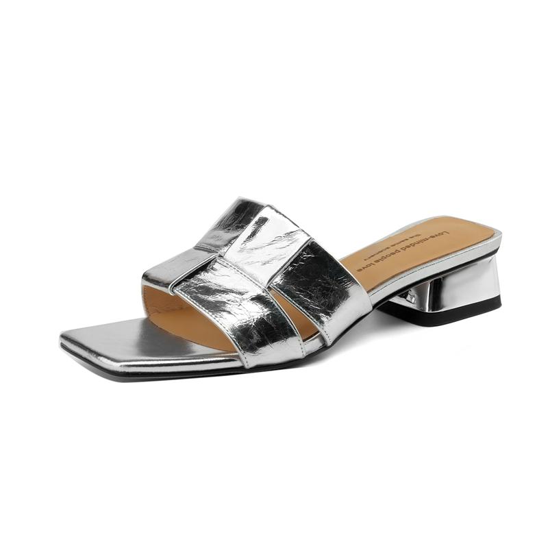 

Fashion Women s New Spring/Summer European and American Square Head Leather Heavy Metal Mid Heel Large Open Toe Slippers 265 серебряный