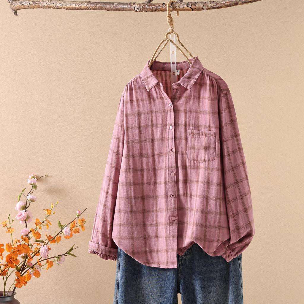 Women's Long Sleeve Japanese Style Plaid Shirt - Double-layer, Skin-friendly, Breathable Pure Cotton