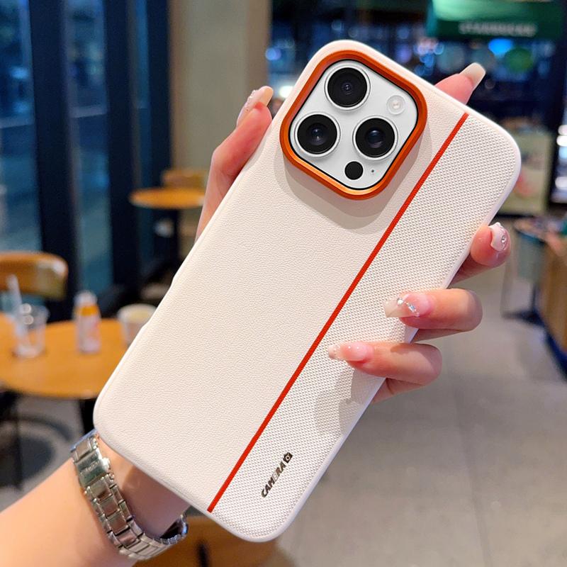 For iPhone 16 Pro Case Splicing PC+PU Leather Phone Back Cover with Metal Lens Ring/Buttons