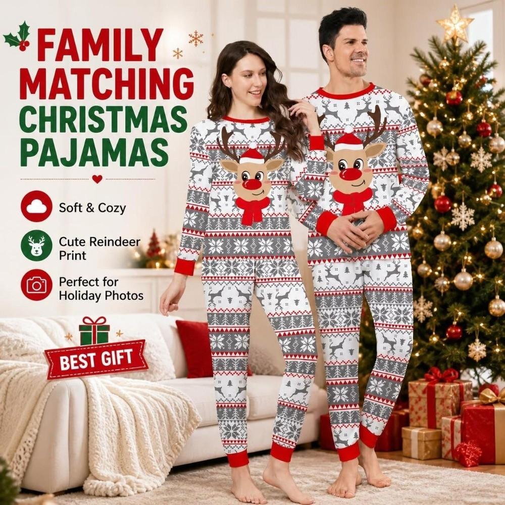 Xmas Deer Christmas Pyjamas Set Long Sleeve Top+Pants New Couple Christmas Outfit  Sleepwear