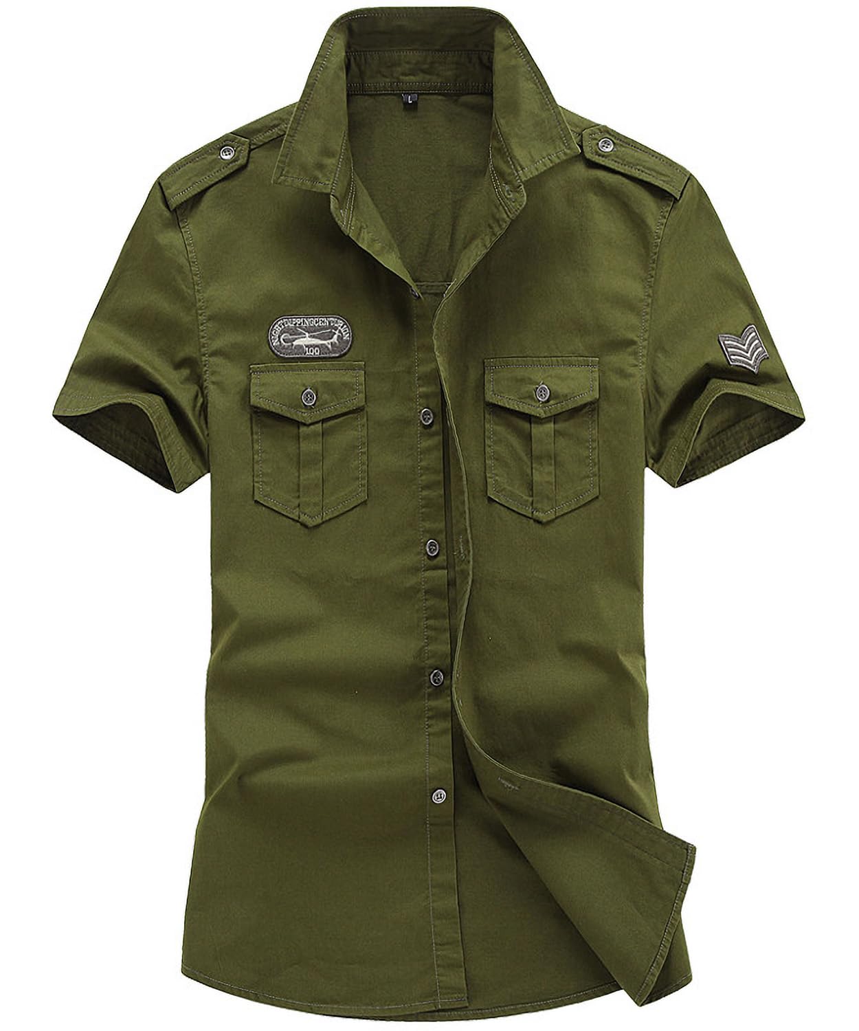 

Рубашка с коротким рукавом и погонами, с нашивкой и нагрудным карманом, приталенная, в стиле милитари, ВВС и для осени [V.for.M] Мужская, карман, посадка, стиль, стильная, весна, лето, (Размер L, зелёный