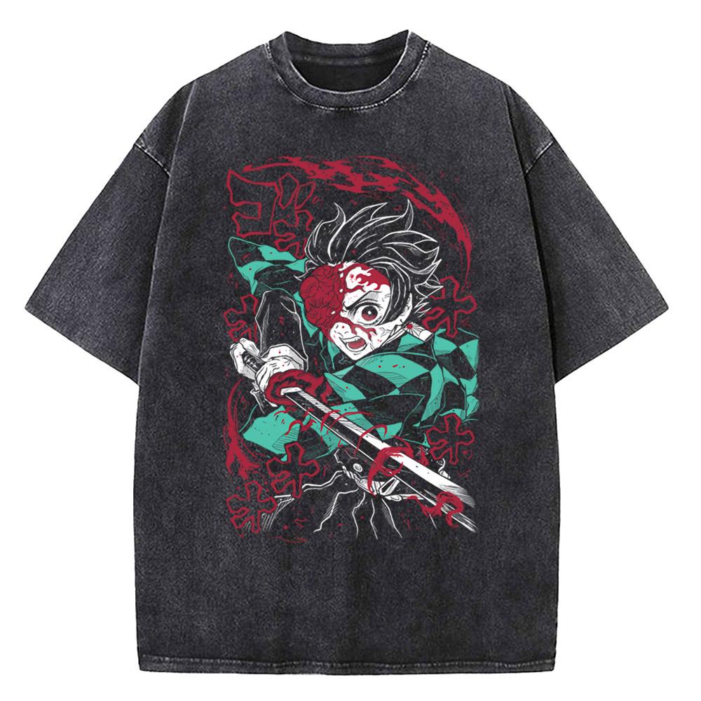 Harajuku Demon Slayer Grafik T-Shirt Herren Vintage Anime Gewaschene T-Shirts für Damen Streetwear Sommer T-Shirts T-Shirt