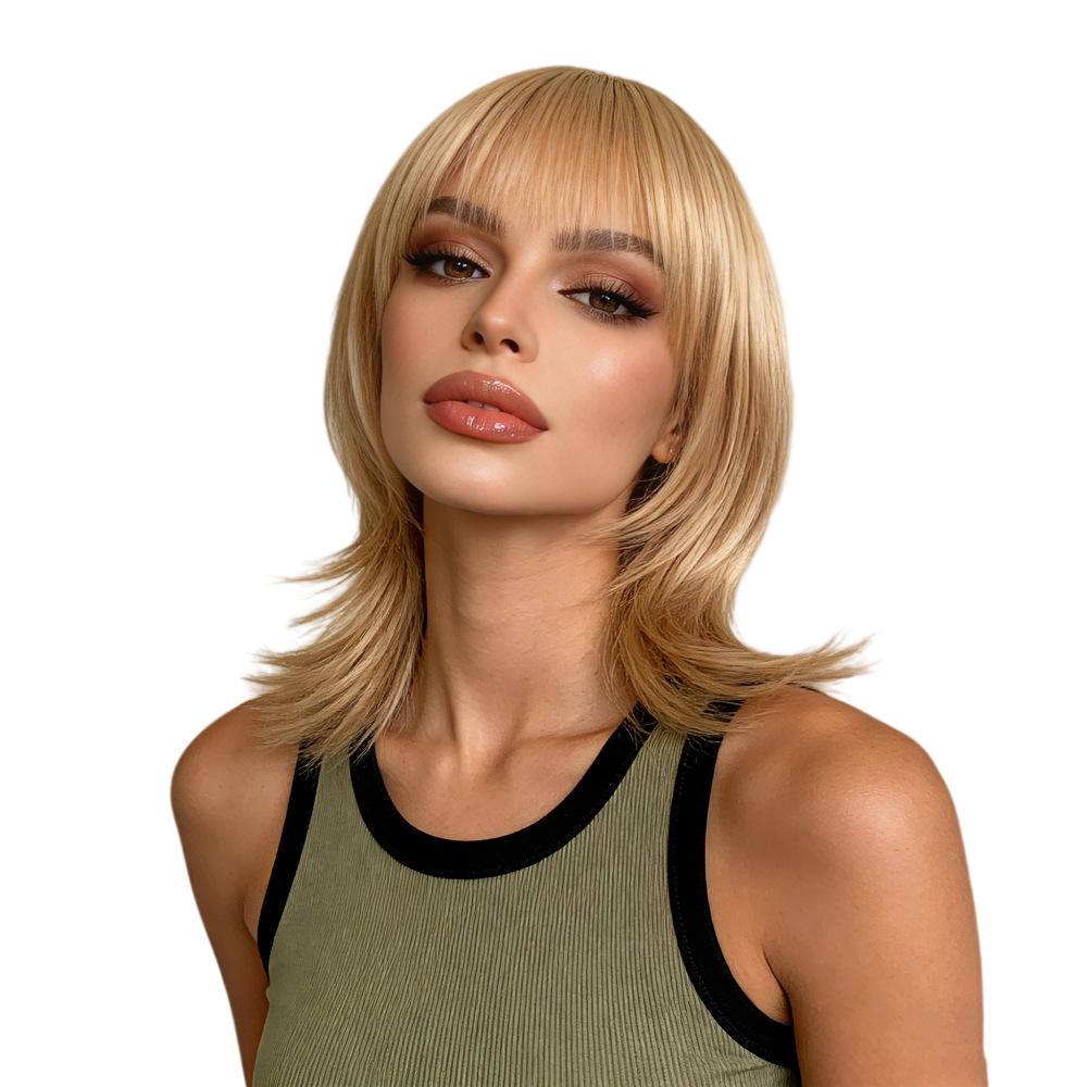 Light-Brown Air Bangs Slight Curl Medium-length High Temperature Fiber Full Head Wig (as the picture,40 cm)