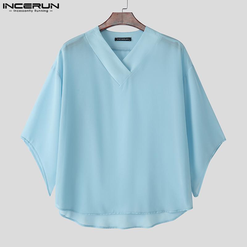 INCERUN Summer Men's Batwing Sleeve Semi-Sheer Chiffon Casual Oversized T-Shirts