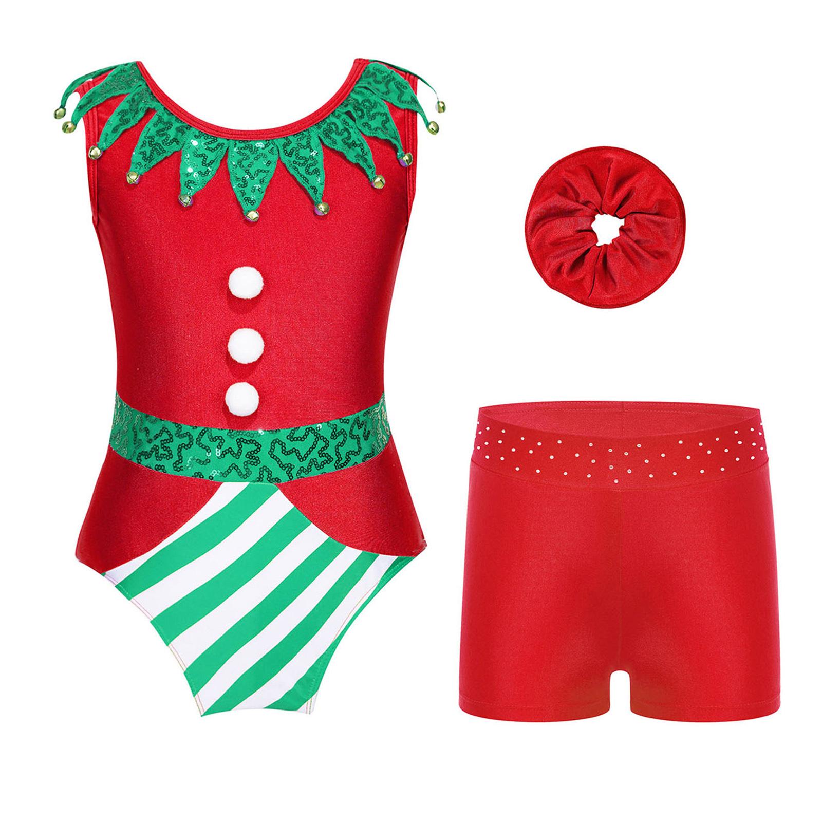 

Дівчачий Різдвяний Костюм Без рукавів Дзвіночки Помпон Паєтками Прикрашений Комбінезон Боді Пов язка на голову Стрази Пояс Шорти Набір 9-10 Years червоний
