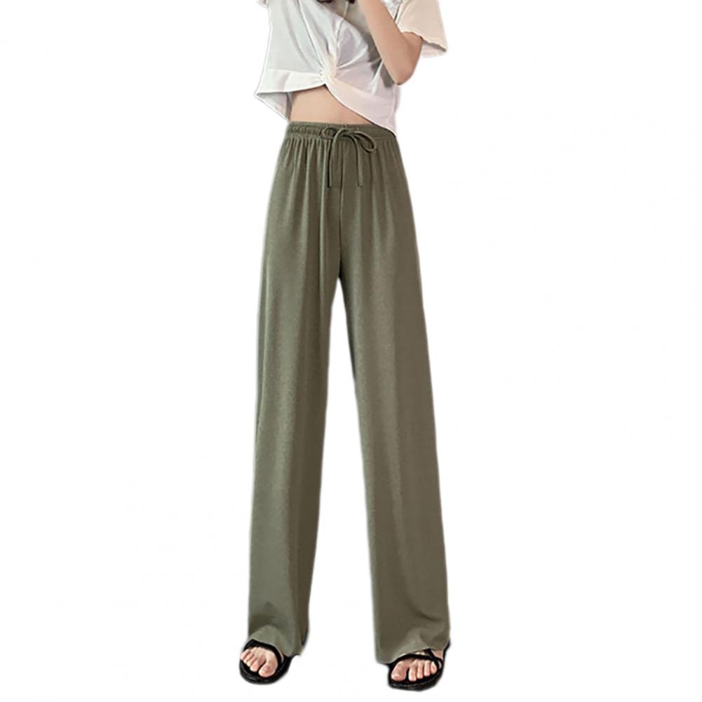 Women Ice Silk Pants Elastic High Waist Adjustable Drawstring Straight Wide Leg Pants Solid Color Long Trousers Daily Wear