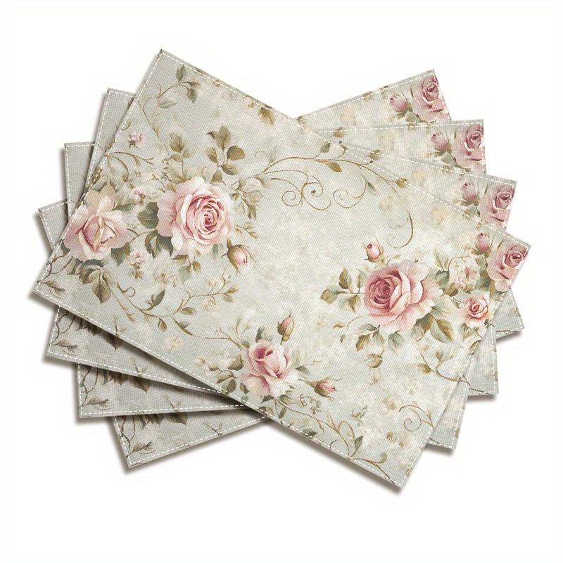 

Linen Placemats Set of 4 Floral Rose Table Mats Washable Place Mats for Dining Table Kitchen Decor 4Pcs-30X45cm(12X18in