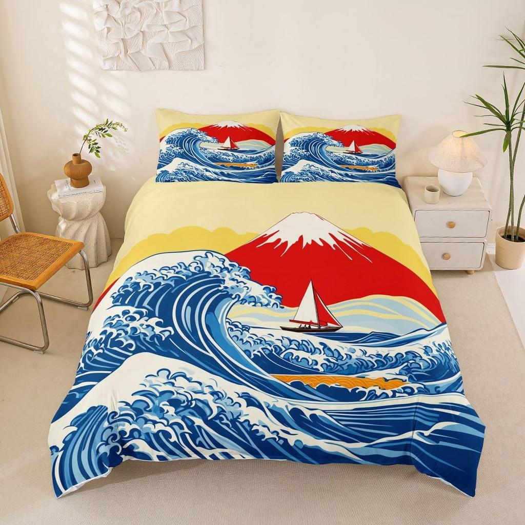 Japanese Wave Bedding Sets,Mount Fuji Sun Painting Duvet Set 2Pcs for Kids Girls Boys Teens Room Decor,Polyester Comforter Cover