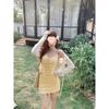 Elegant Yellow Strappy Dress & Cardigan Set - Women’s Slimming, Padded Waist-Cinched French Style