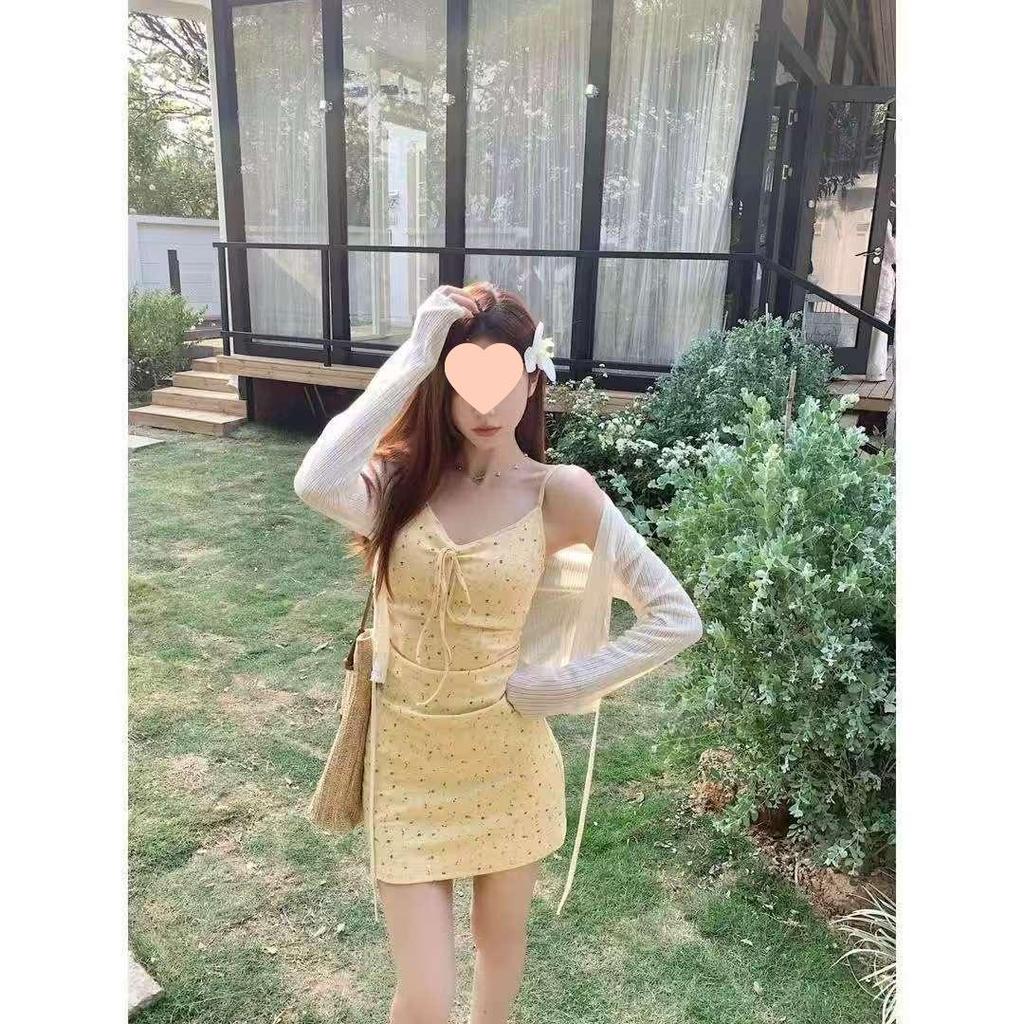 Elegant Yellow Strappy Dress & Cardigan Set - Women’s Slimming, Padded Waist-Cinched French Style