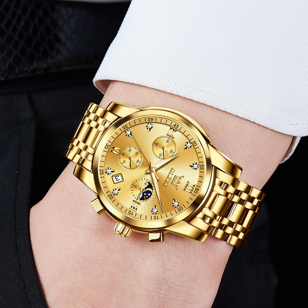 OLEVS Moon Phase Timer Waterproof Luminous Date Quartz Stainless Steel Band Simple Fashion Watch for Men Gold Men's