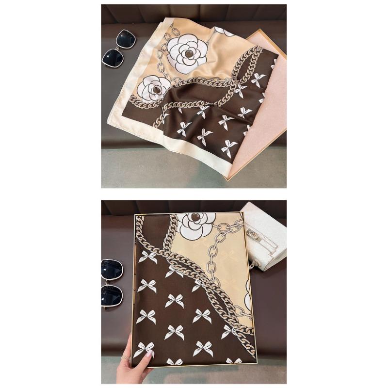 Korean Fashion Vintage Elegant Camellia Printed Square Scarf For Women