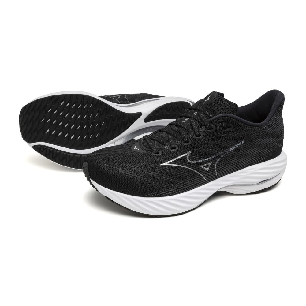 Mizuno Wave Rider 28 Running Size for and Thick Sole Shoes, Men's, Black/Silver/White, 26.0 cm, 2E, Jogging, Marathons, Training, Sports, Lightweight,