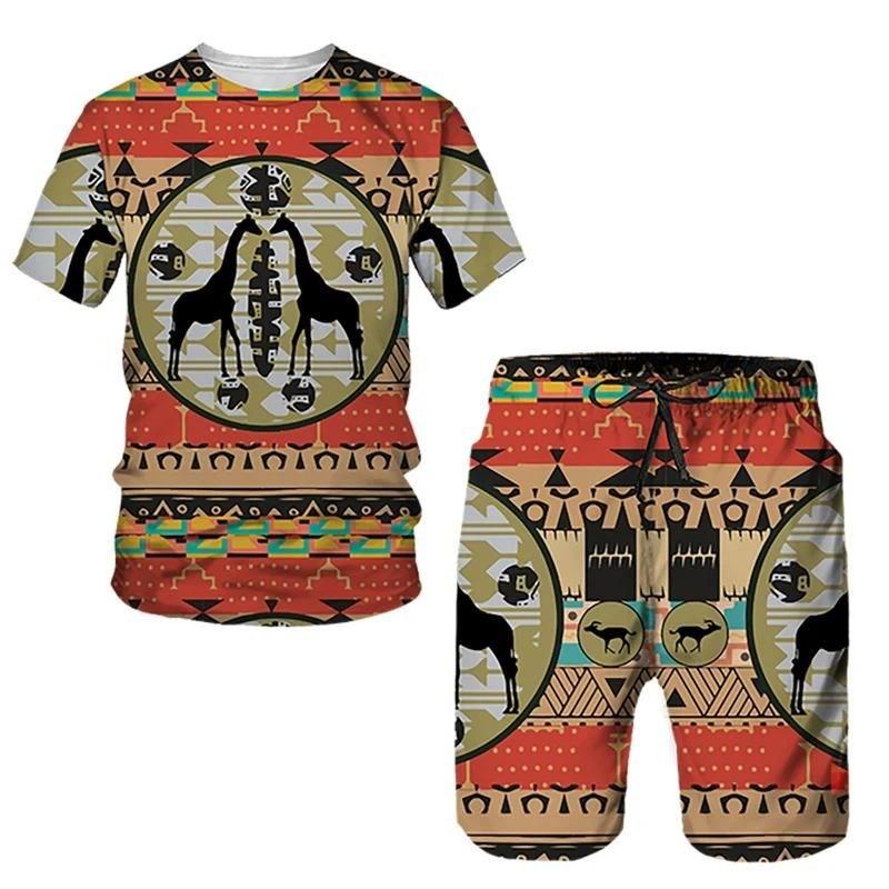 Sommer-Sportbekleidung für Herren mit 3D-bedrucktem T-Shirt und Shorts im afrikanischen Ethno-Stil, lässiges Kurzarm-T-Shirt mit Rundhalsausschnitt