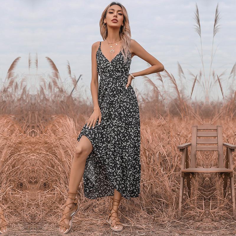 Summer sexy print v-neck irregular suspender dress women