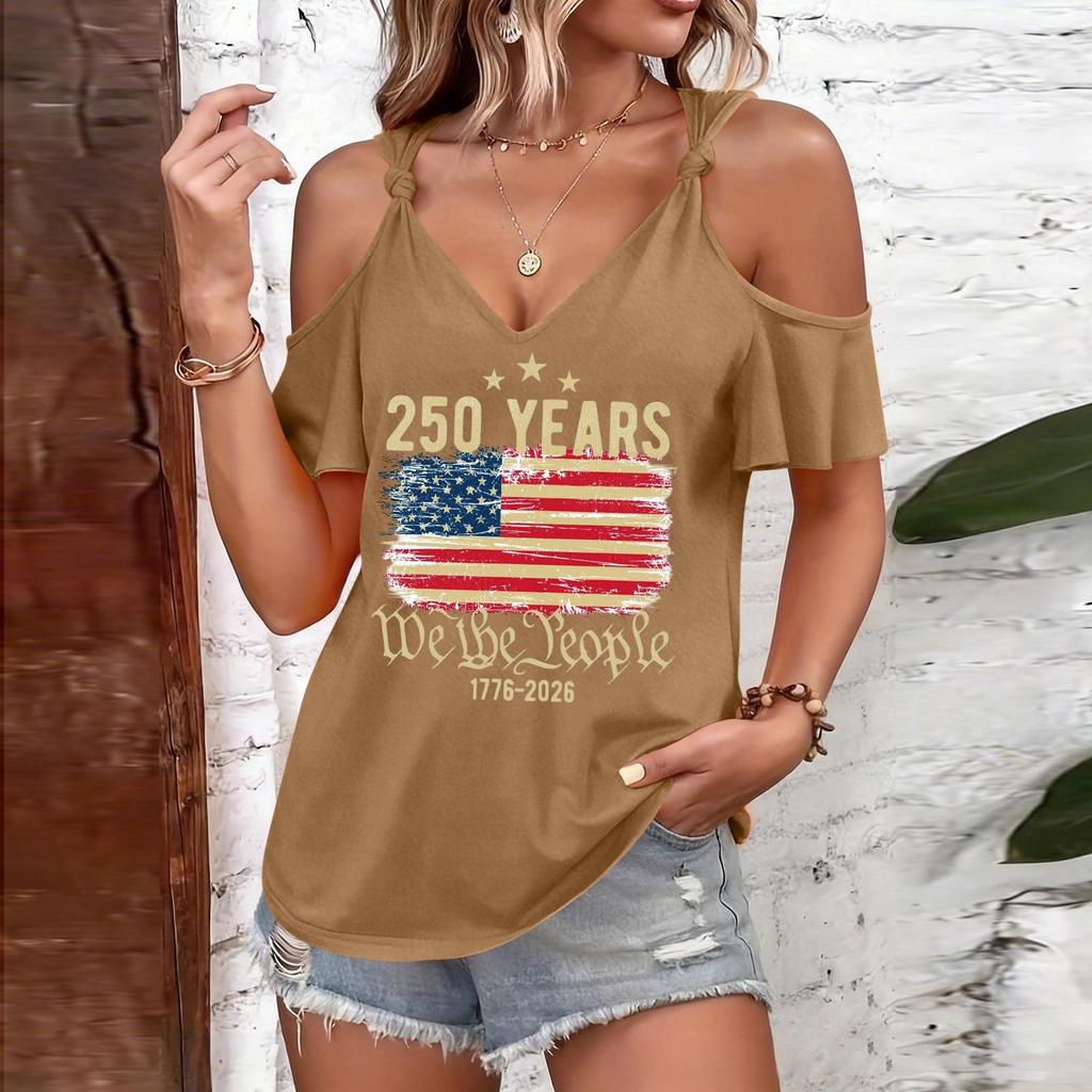 Women’s Casual Cold Shoulder Short Sleeve Top with 250 Years We The Print and Tie Strap Round Neck for Summer Fashion Wear