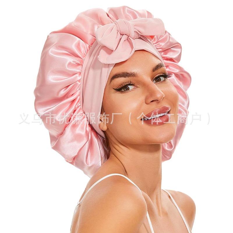 Ladies Satin Ribbon Round Cap Satin Bow Nightcap Hair Care Cap Extra Large Beauty Hair Care Cap