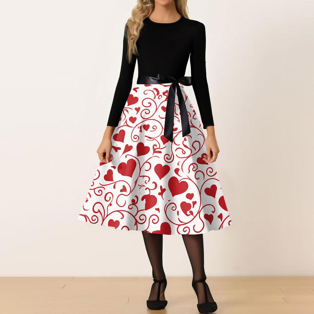 Women's Casual Fashion Round Neck Valentine's Day Printed Retro Dress