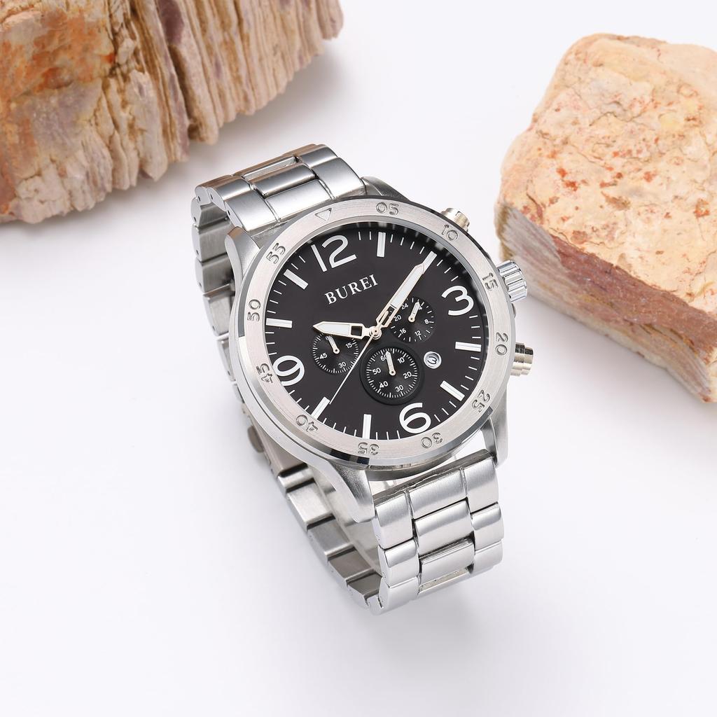 BUREI Analog Watch with Date Waterproof Quartz Black Simple Design for Business and Casual Chronograph with Large Luxury Gift for Men Men's Display,