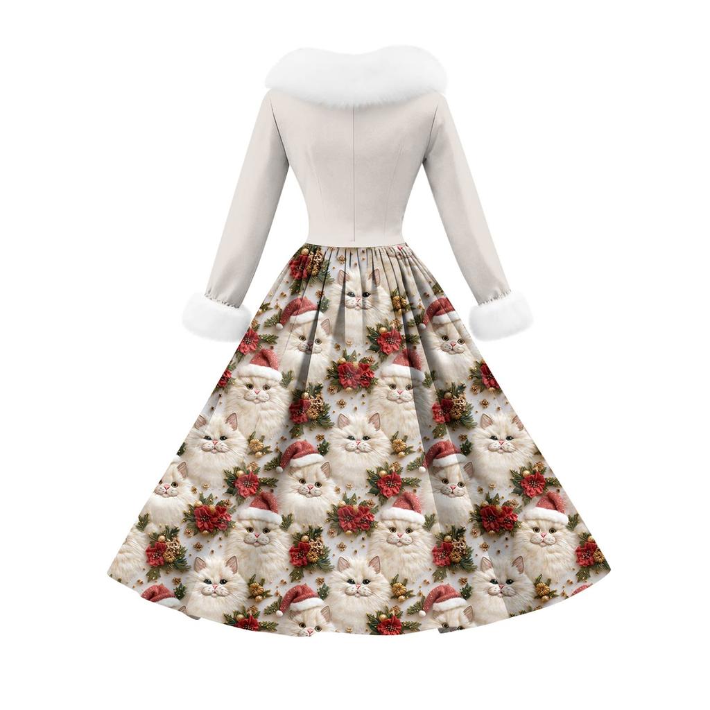 Women's Casual Dress Long-Sleeve V-Neck Patchwork Fleece Christmas Print Dress