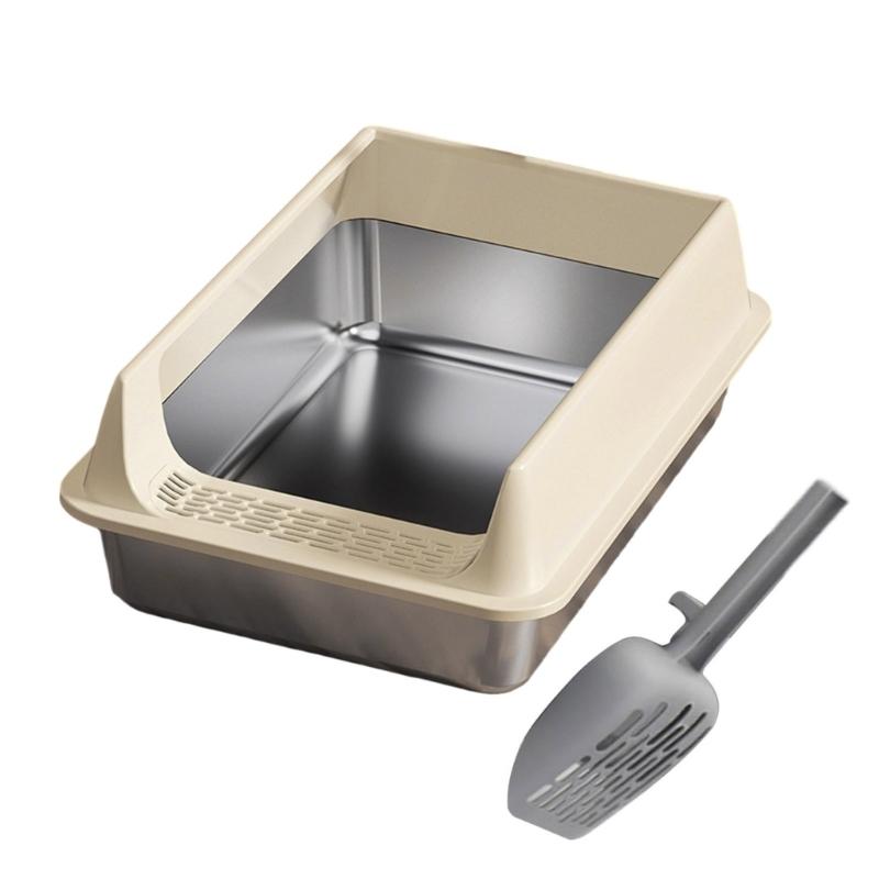 Large Half Enclosed Cats Litter Pan Stainless Steel AntiSplash Design Ventilation Litter Tray for Indoor Outdoor Cats