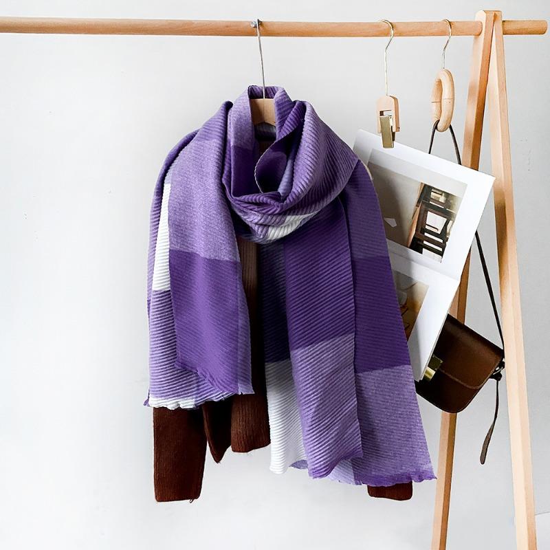 Winter new polyester-cotton multi-color line plaid scarf women's warm long thickened pleated scarf shawl