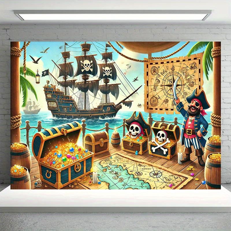 1 stk Piratskattefest Baggrundsklud, polyester, med tegneseriepirater, sejlbåde og skatte - boligdekoration