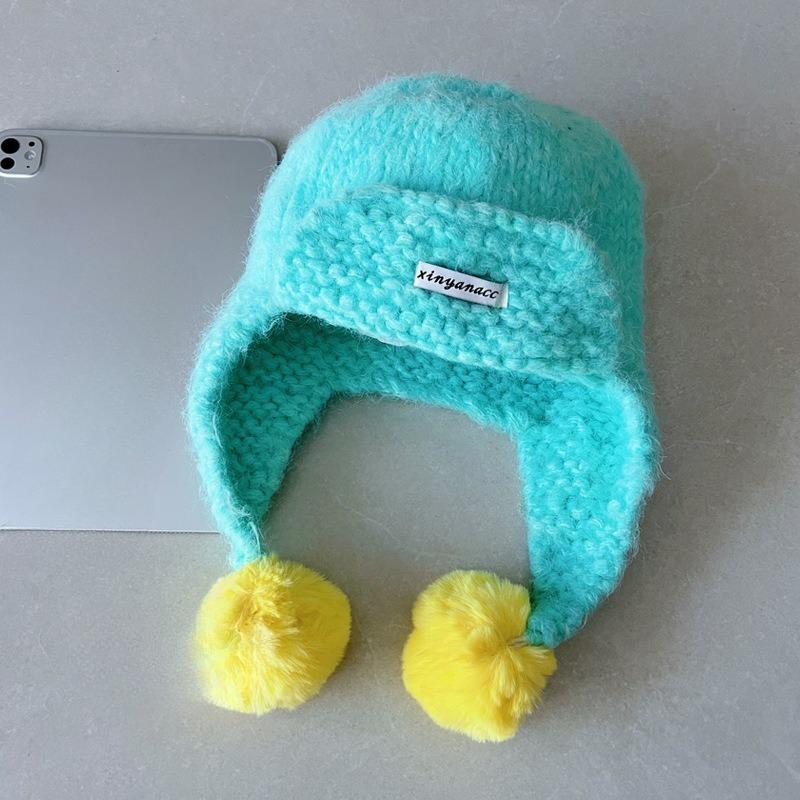 Colorful Wool Ball Knitted Woolen Hat for Women To Keep Warm in Autumn and Winter Korean Style Ear Protection Lei Feng Hat That Looks Smaller