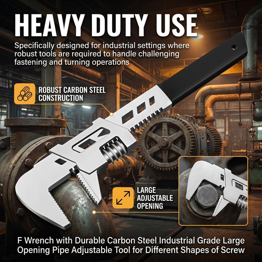 F Wrench with Durable Carbon Steel Industrial Grade Large Opening Pipe Adjustable Tool for Different Shapes of Screw