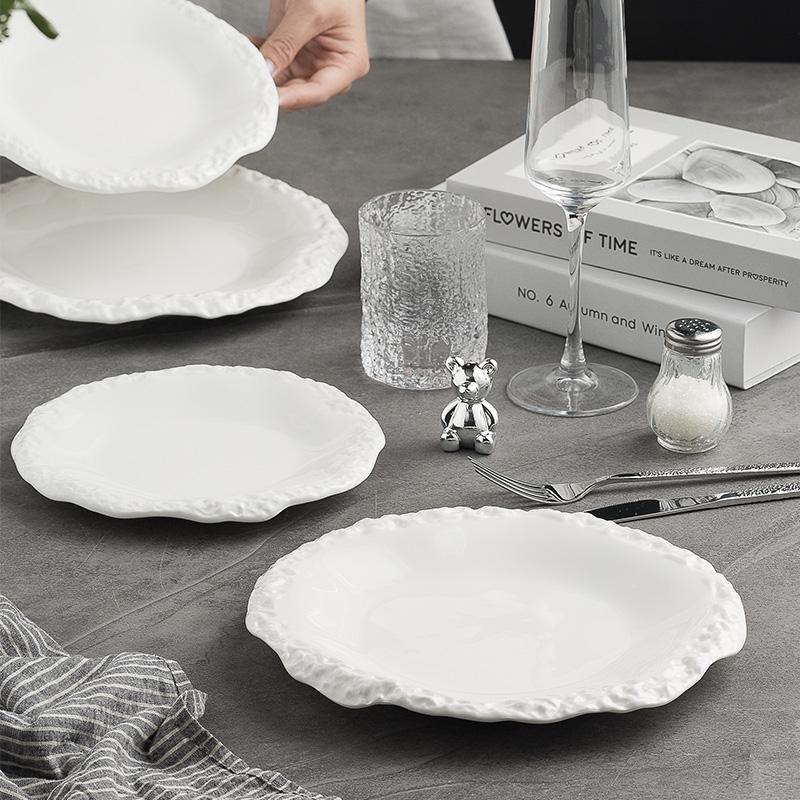 White Ceramic Stone Grain Dinner Plate High-end Western Steak Pasta Flat Plate 11 Inches Irregular Fruit Dessert Breakfast Dish