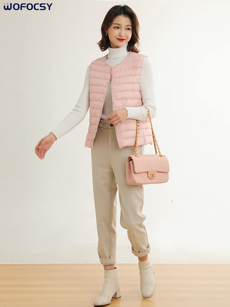 WOFOCSY Ultralight Down Vest with or Crew Lightweight and Includes Storage SY135 Women's V-Neck Neck, Warm, Pouch, (JP, Alphabet, XL, Pink)