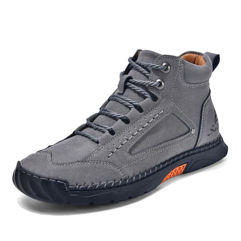 Women/ Men's PU Leather Boots, Men's Fashionable Handmade Stitched Ankle Boots, Flat Bottomed Lace Up Casual Shoes