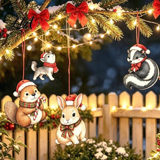Christmas Atmosphere Hanging Props 12/24Pcs 2D Wooden Ornaments, Woodland Animal Decorations, Forest Tree Accessories Creature Ornament for