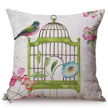 Nordic Water Color Birdcage Birds Sofa Decoration Throw Pillow Case Plum Blossom Garden Cotton Linen Print Cushion Cover Cojines