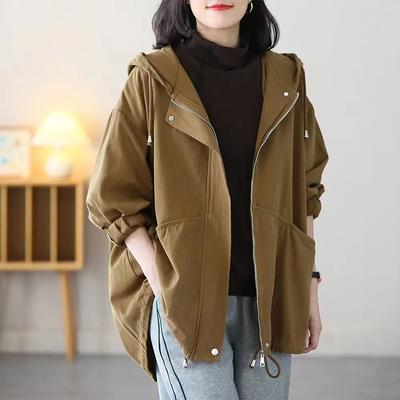 Mantel für Damen, Übergröße, Herbst, mit Kapuze, locker, lässig, große Tasche, Jacke, vielseitig, schlank, langärmelig, Reißverschluss, Windjacke
