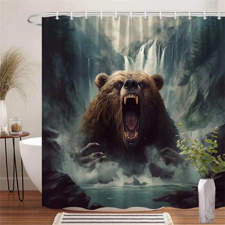 

1Pc Fierce Bear Emerging From Water Shower Curtain, Polyester Bath Decor With Misty Waterfall & Forest Scene, Machine Washable, W60H190(CM)-1 Pcs
