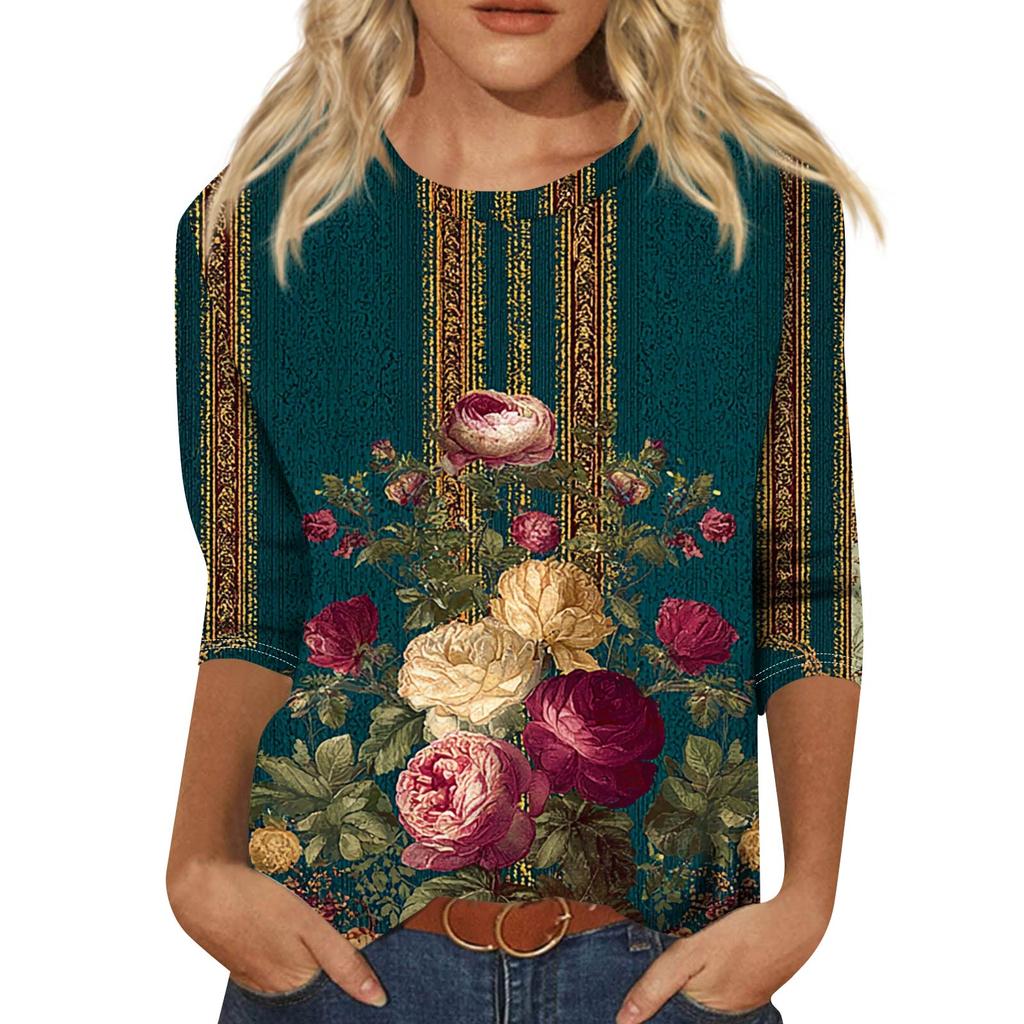 Trendy Vintage 3/4 Sleeve Top For Women,Ladies Casual Three Quarter Sleeve Round Collar Printed T-Shirt Blouse