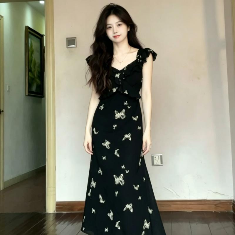 French Black Floral Dress Children's Summer New Temperament Waist Thin Flying Sleeves Fishtail Dress