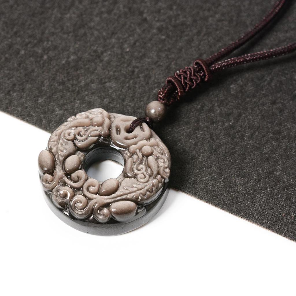 Natural Black Obsidian Pixiu Safety Buckle Pendant Necklace for Men and Women
