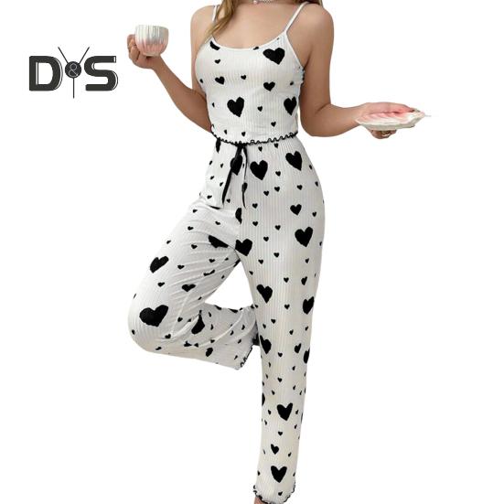 

2 шт./комплект женский жилет брюки костюм бант сердечко принт без рукавов сборка кант топ брюки с высокой талией домашняя одежда одежда для отдыха летняя одежда для сна M чёрный/белый