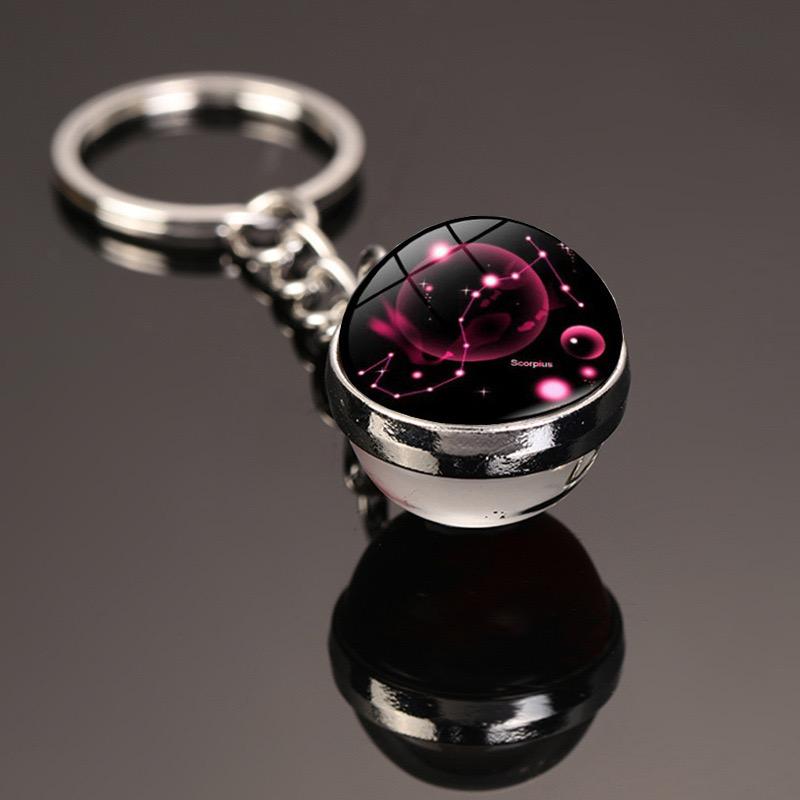 New Starry Sky Twelve Constellations Keychain Time Gemstone Double Sided Glass Ball Metal Keyring Bag Decoration Metal Keyholder