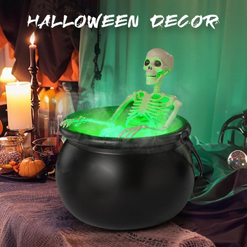 Spooky Witch Mist Maker Cauldron with Floating Bottle, Black Plastic Cauldron & Skeleton Halloween Decor LED Cauldron with Smoke